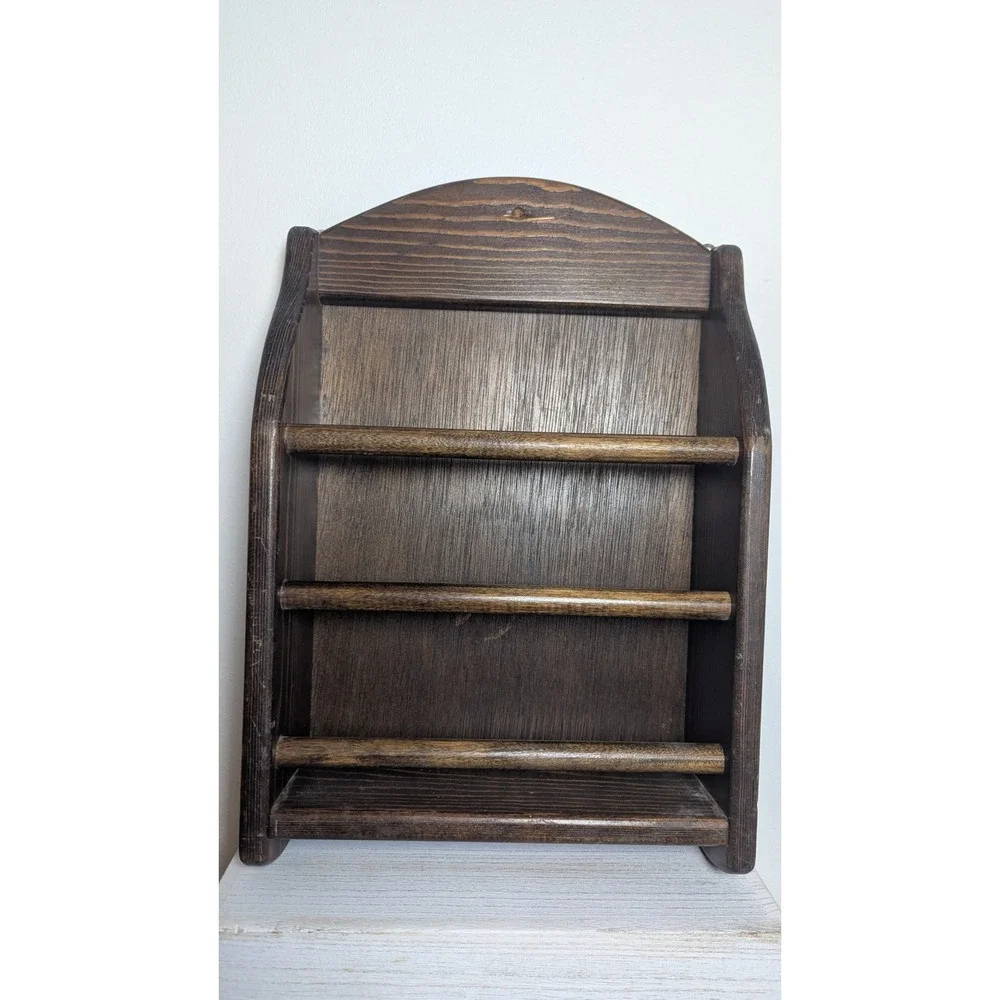 Rustic Dark Brown Wood Wall Mount Magazine Rack Arched Top Display 3 Spindle 15
